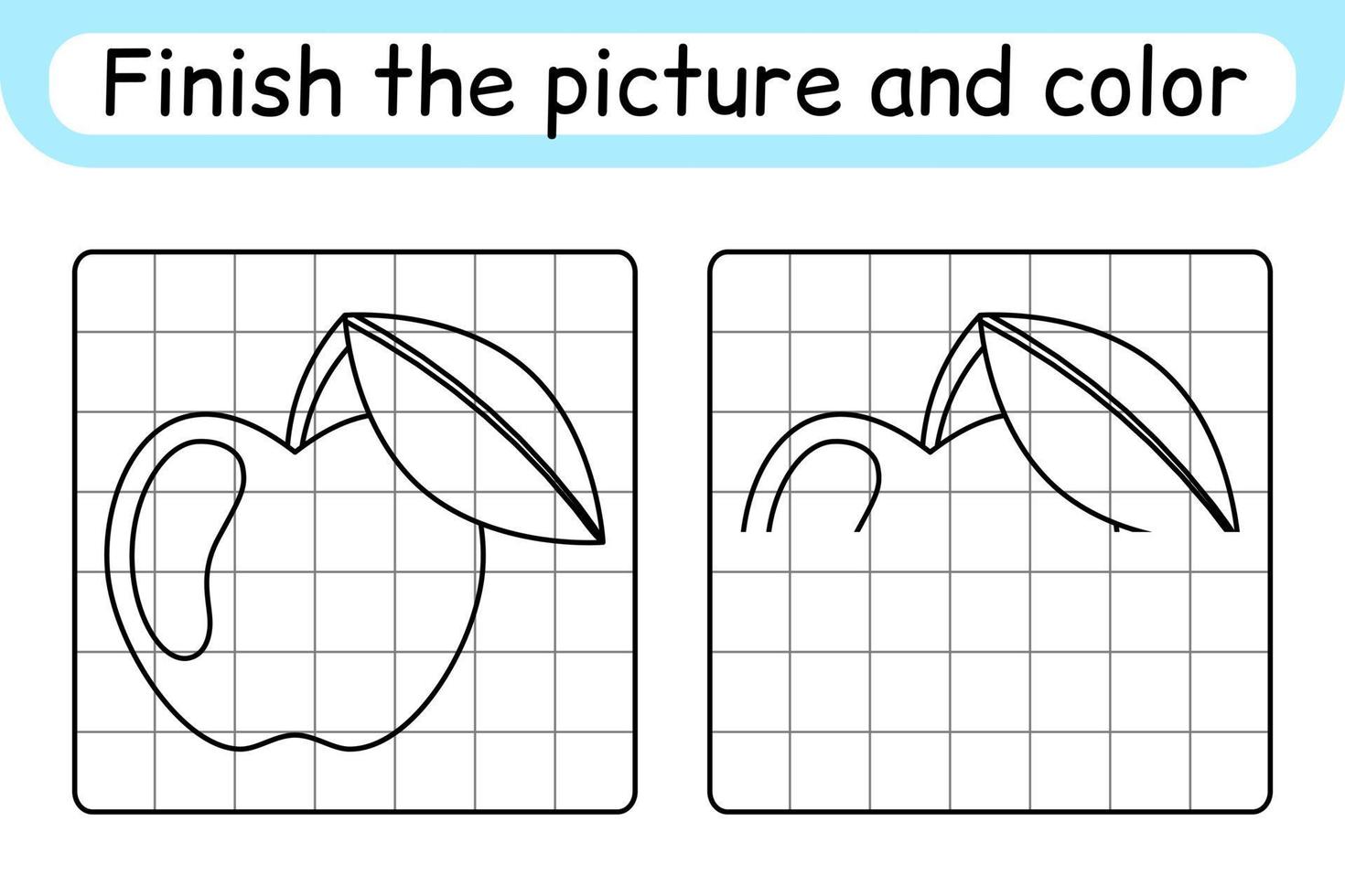 Complete the picture apple. Copy the picture and color. Finish the image. Coloring book. Educational drawing exercise game for children vector