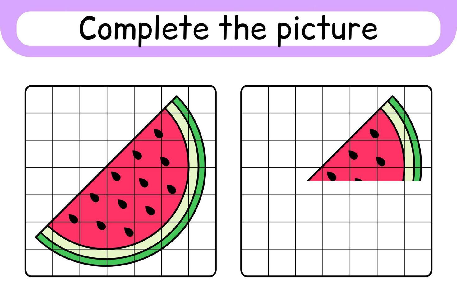 completa la imagen sandía. copiar la imagen y el color. terminar la imagen. libro de colorear. juego educativo de ejercicios de dibujo para niños vector