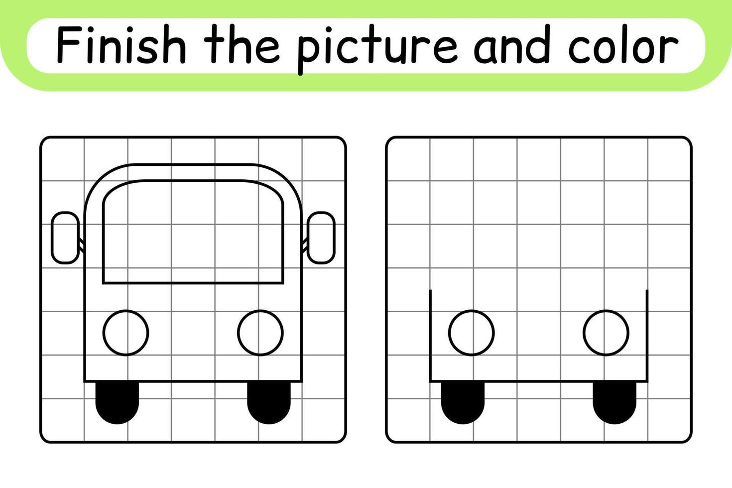 Complete the picture bus. Copy the picture and color. Finish the image. Coloring book. Educational drawing exercise game for children vector