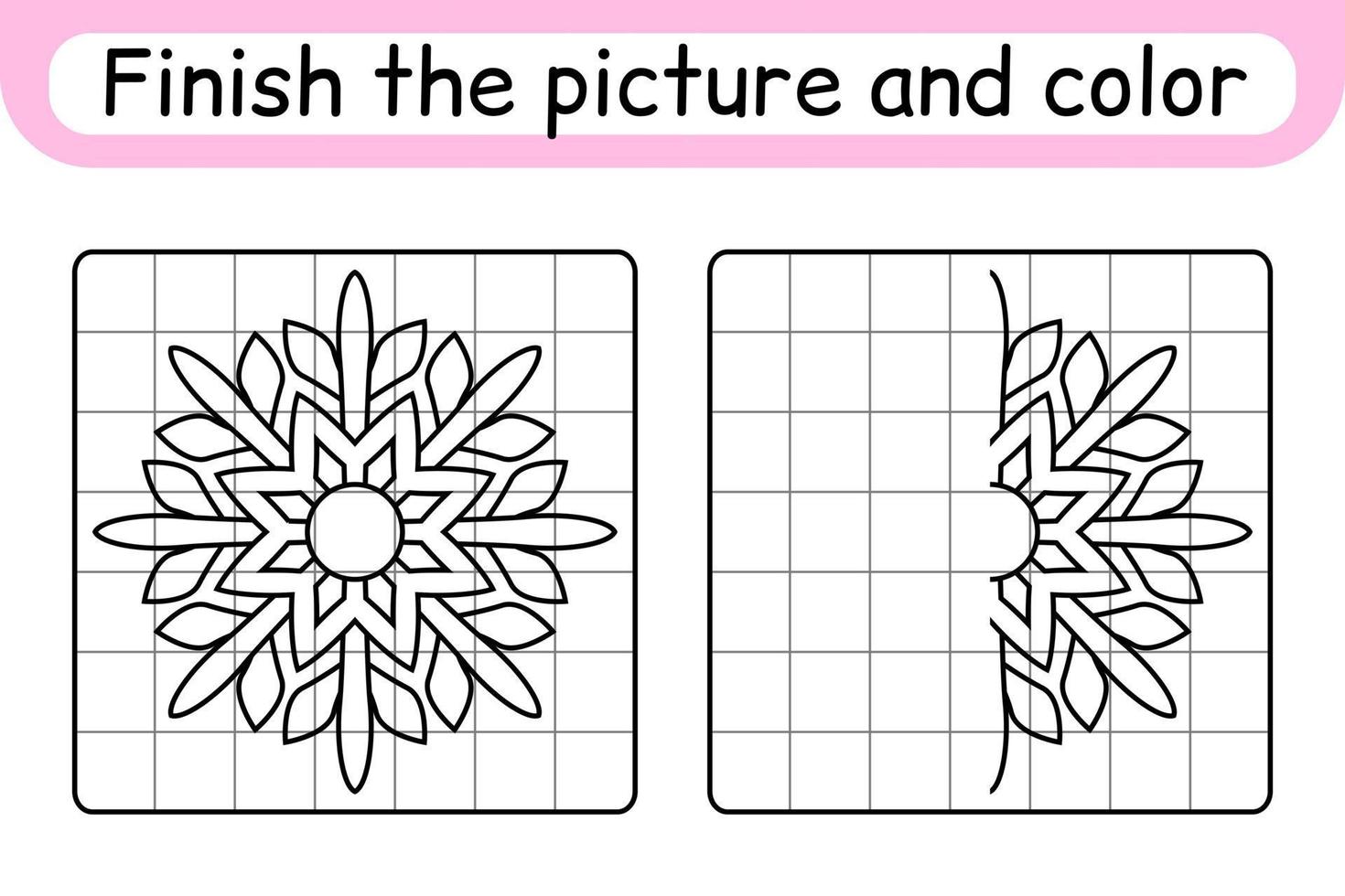 Complete the picture snowflake. Copy the picture and color. Finish the image. Coloring book. Educational drawing exercise game for children vector