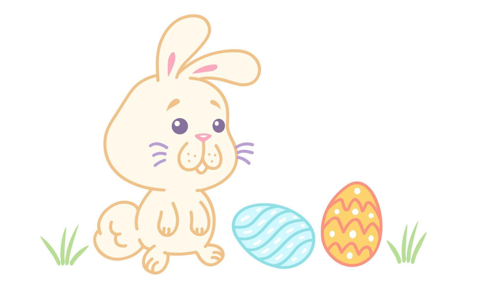 Vector illustration of a rabbit with eggs for Easter in kawaii style.