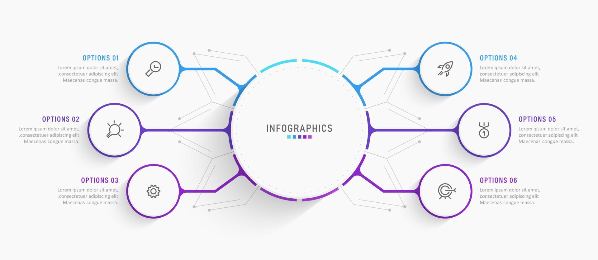 plantilla de diseño de etiquetas infográficas vectoriales con iconos y 6 opciones o pasos. se puede utilizar para diagramas de proceso, presentaciones, diseño de flujo de trabajo, banner, diagrama de flujo, gráfico de información. vector