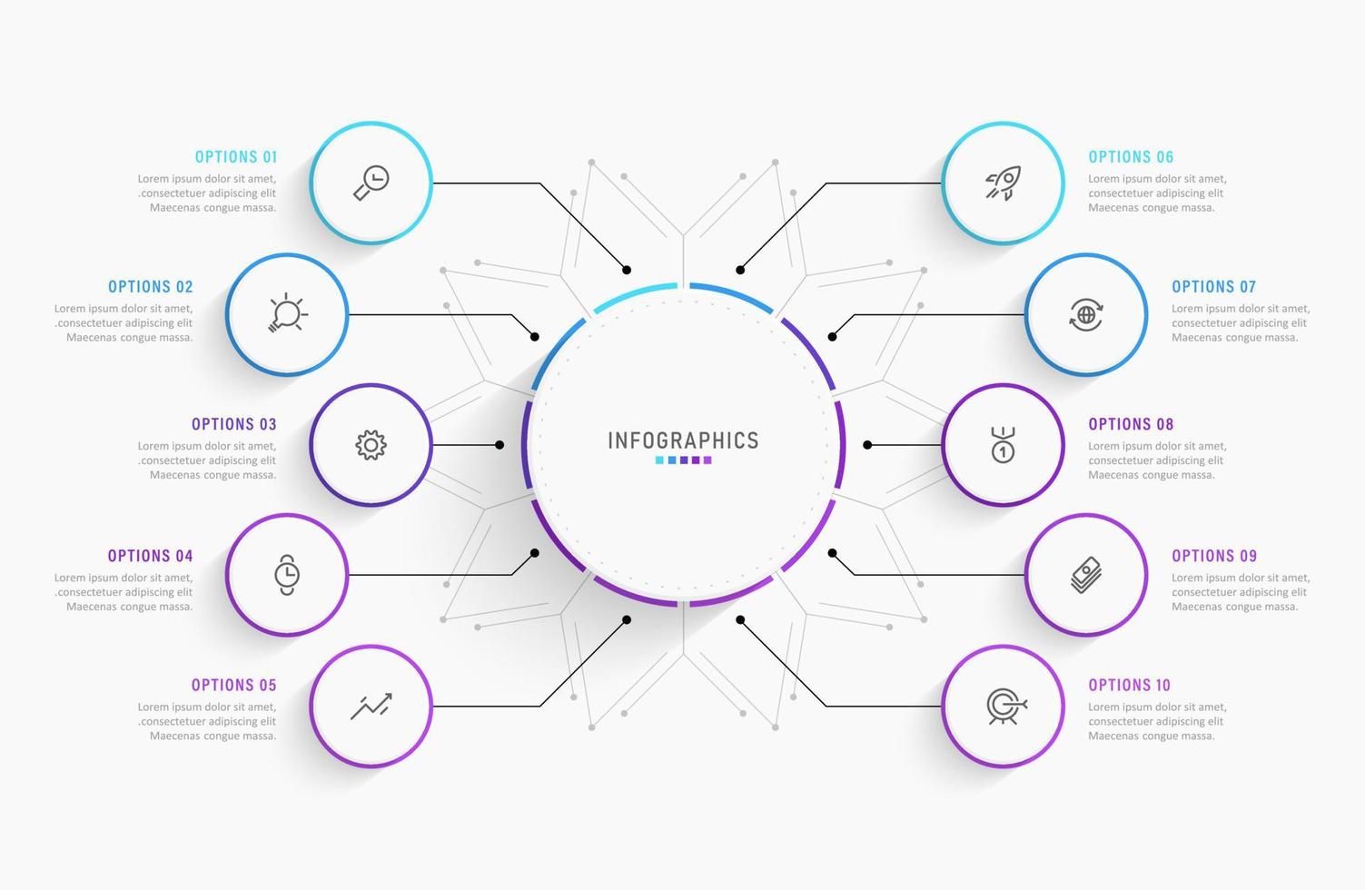 plantilla de diseño de etiquetas infográficas vectoriales con iconos y 10 opciones o pasos. se puede utilizar para diagramas de proceso, presentaciones, diseño de flujo de trabajo, banner, diagrama de flujo, gráfico de información. vector