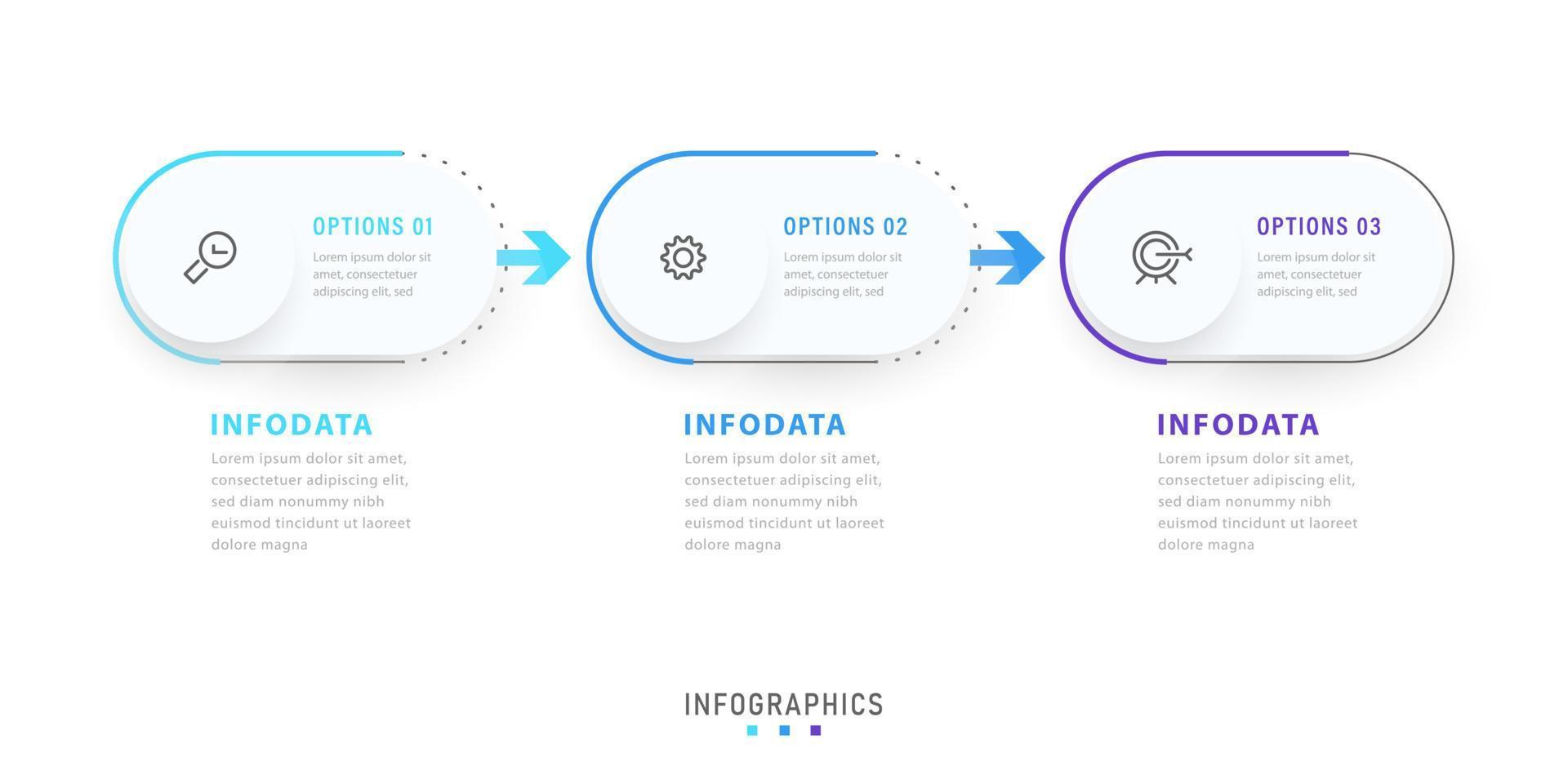 plantilla de diseño de etiquetas infográficas vectoriales con iconos y 3 opciones o pasos. se puede utilizar para diagramas de proceso, presentaciones, diseño de flujo de trabajo, banner, diagrama de flujo, gráfico de información. vector