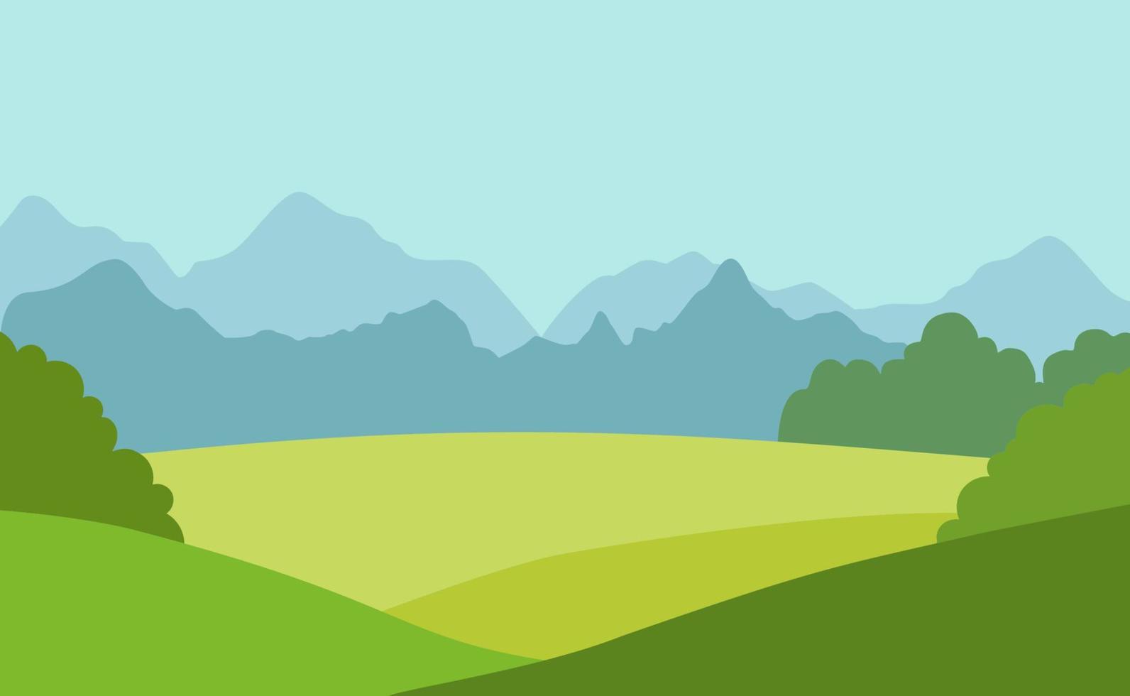 Rural summer landscape. Green meadow with hills, mountains and trees. Colorful vector illustration in flat style.