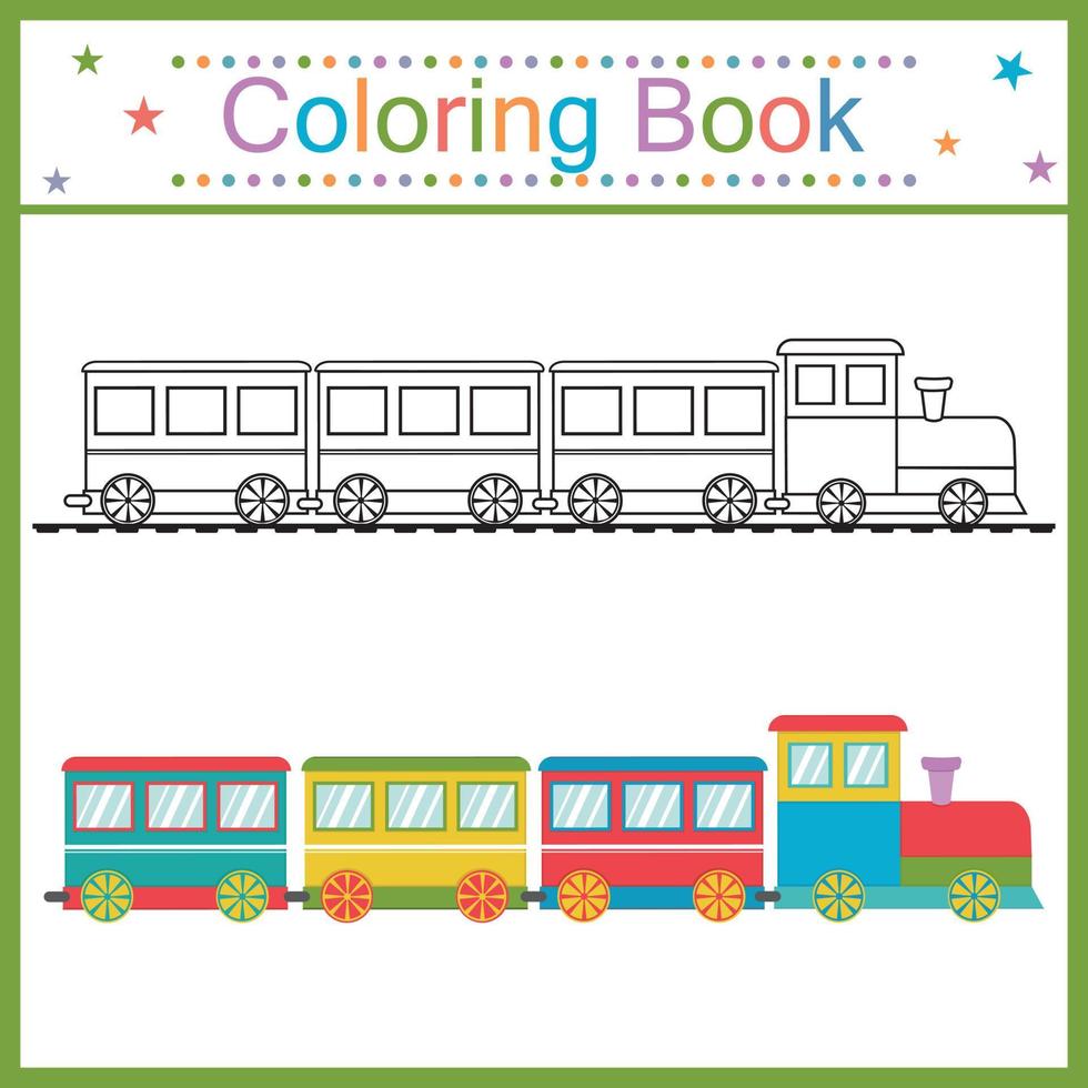 libro de colorear para tren infantil, línea de contorno negra, ilustración de garabato aislado vectorial vector