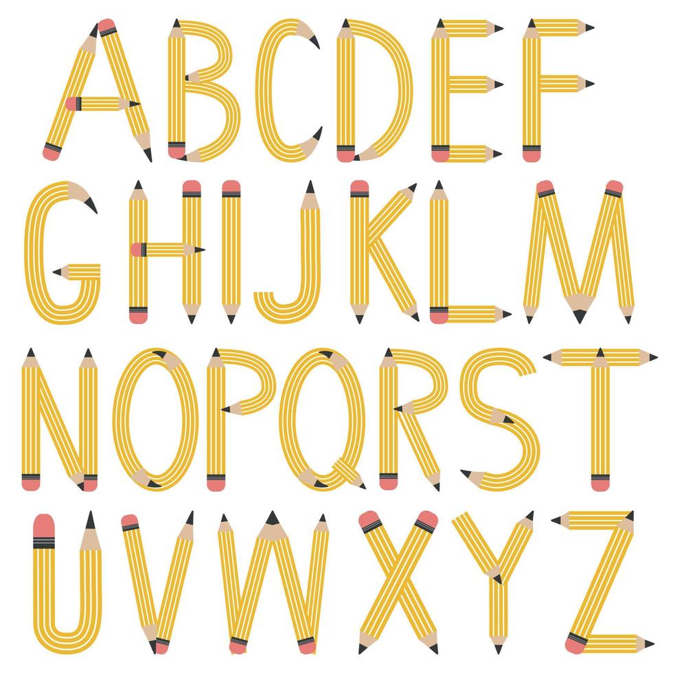 English alphabet of pencils, letters, color isolated vector illustration