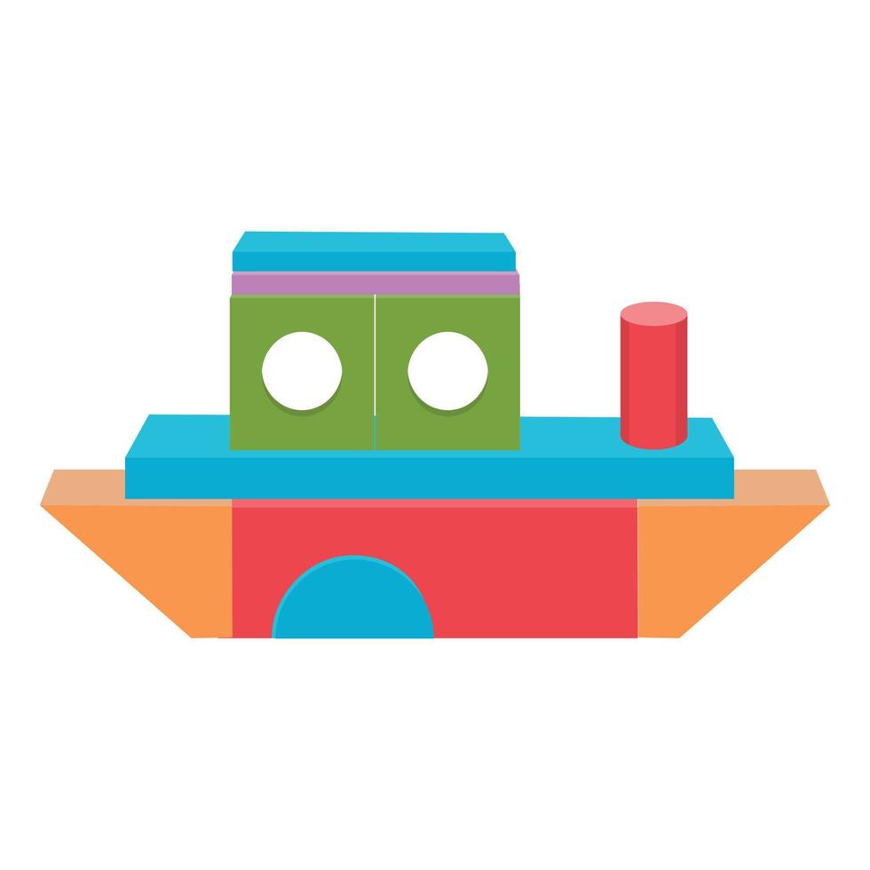 Construction of a boat made of colored wooden cubes, vector isolated illustration in the flat style