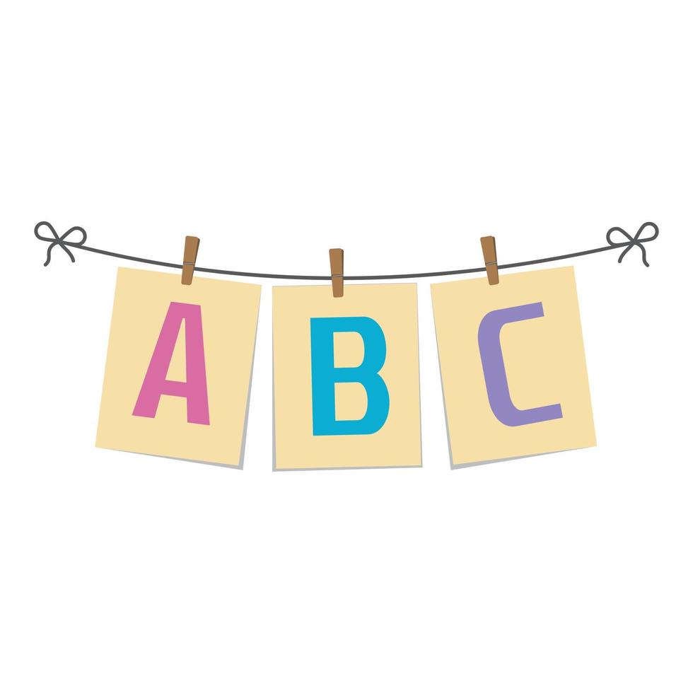 ABC letters on paper hanging on a rope, vector isolated illustration