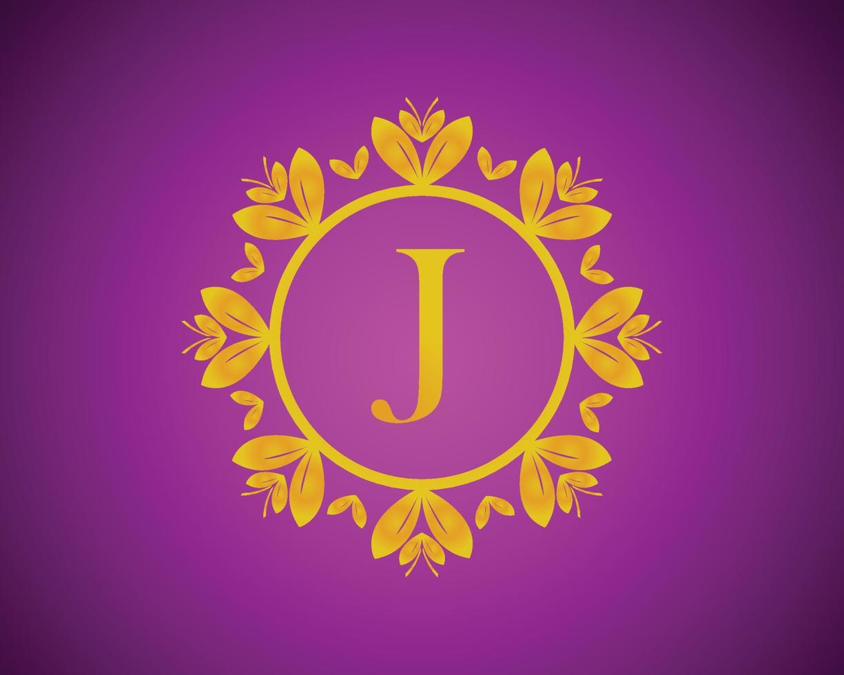 Alphabet J luxury logo design with gold color gradation and gold leaf circle suitable for bathing, hotel, beauty and grooming. against a violet VelVet background. vector