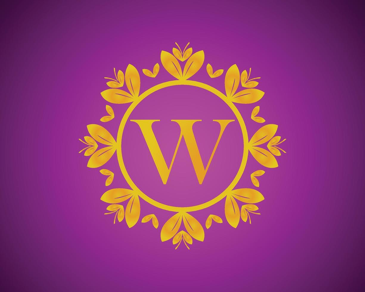 Alphabet W luxury logo design with gold color gradation and gold leaf circle suitable for bathing, hotel, beauty and grooming. against a violet VelVet background. vector