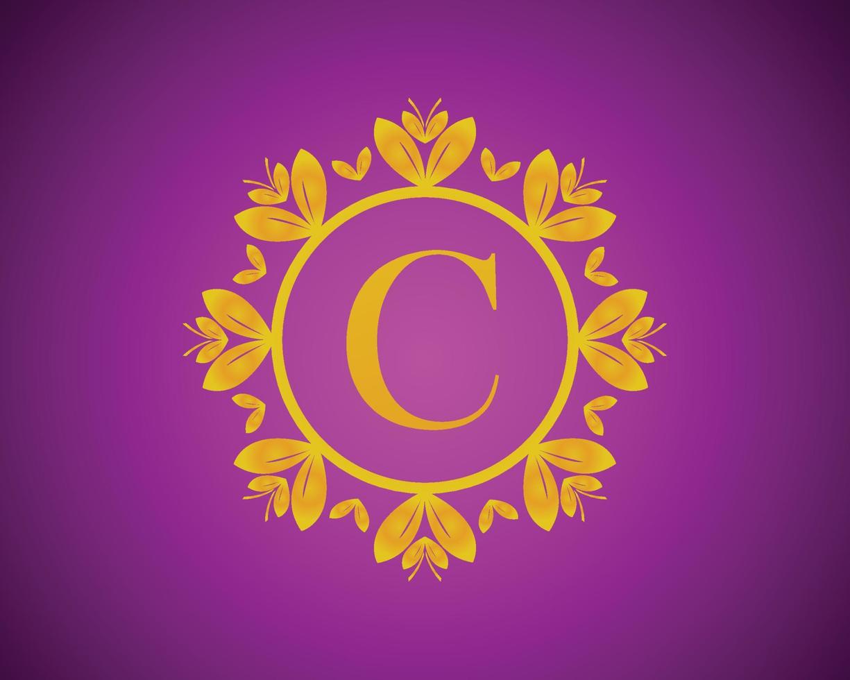 Alphabet C luxury logo design with gold color gradation and gold leaf circle suitable for bathing, hotel, beauty and grooming. against a violet VelVet background. vector