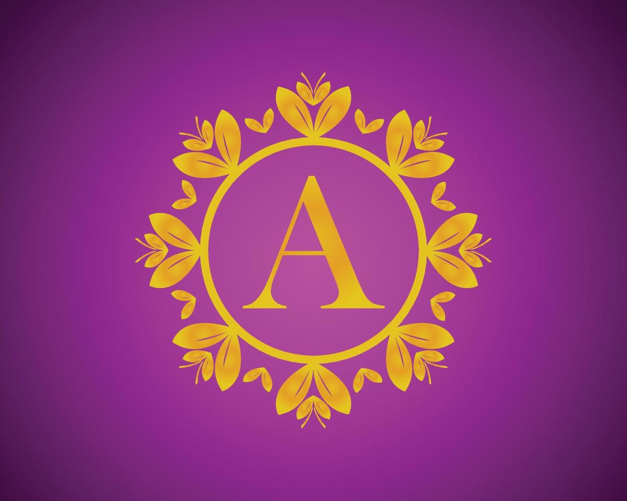 Alphabet A luxury logo design with gold color gradation and gold leaf circle suitable for bathing, hotel, beauty and grooming. against a violet VelVet background. vector