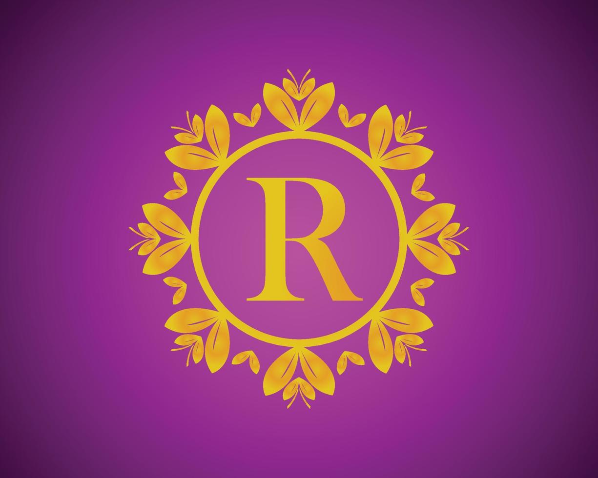 Alphabet R luxury logo design with gold color gradation and gold leaf circle suitable for bathing, hotel, beauty and grooming. against a violet VelVet background. vector