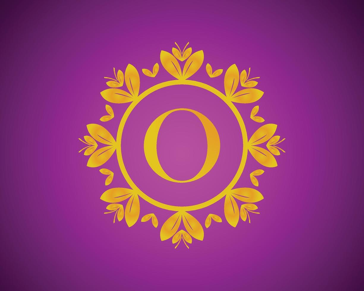 Alphabet O luxury logo design with gold color gradation and gold leaf circle suitable for bathing, hotel, beauty and grooming. against a violet VelVet background. vector