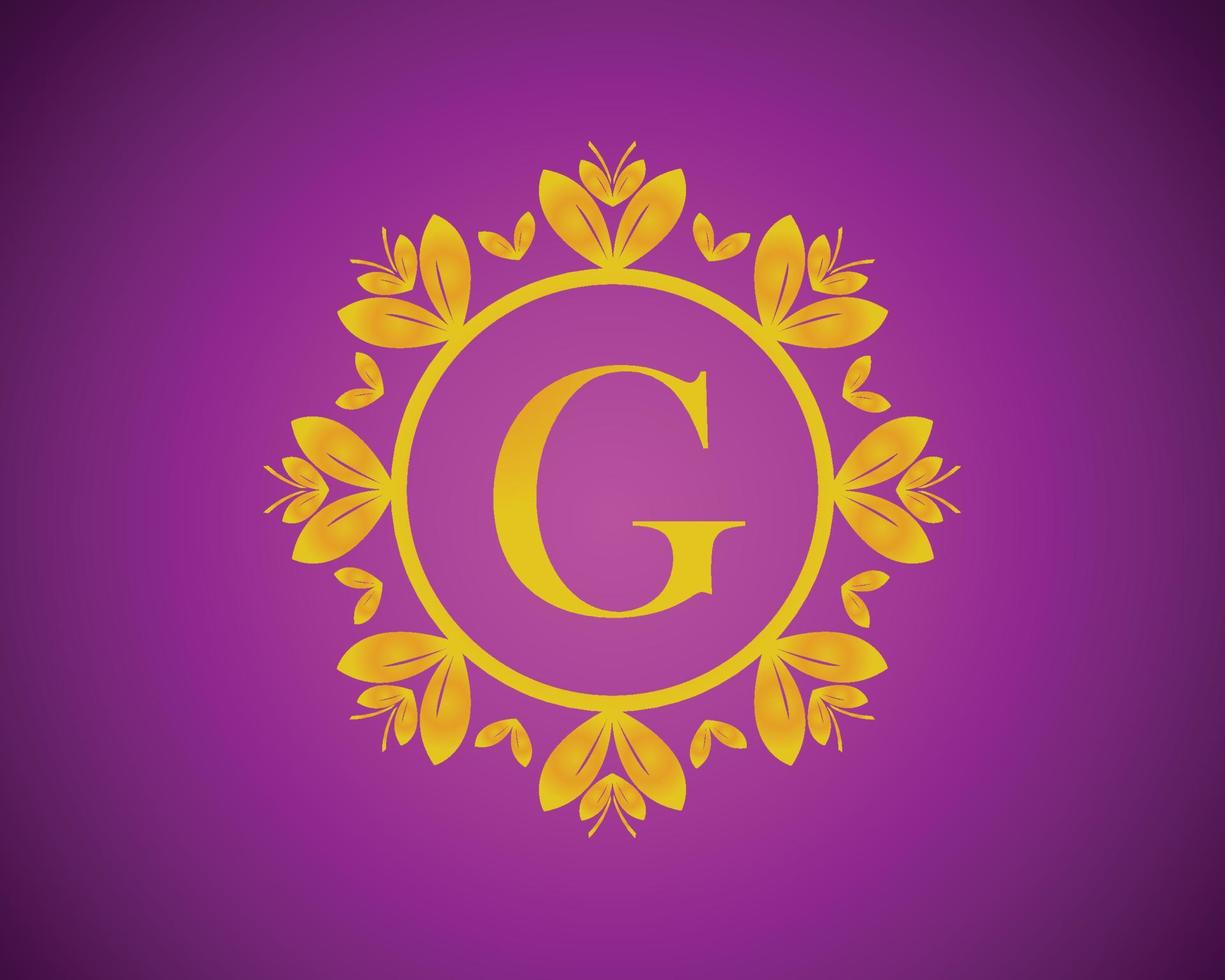 Alphabet G luxury logo design with gold color gradation and gold leaf circle suitable for bathing, hotel, beauty and grooming. against a violet VelVet background. vector