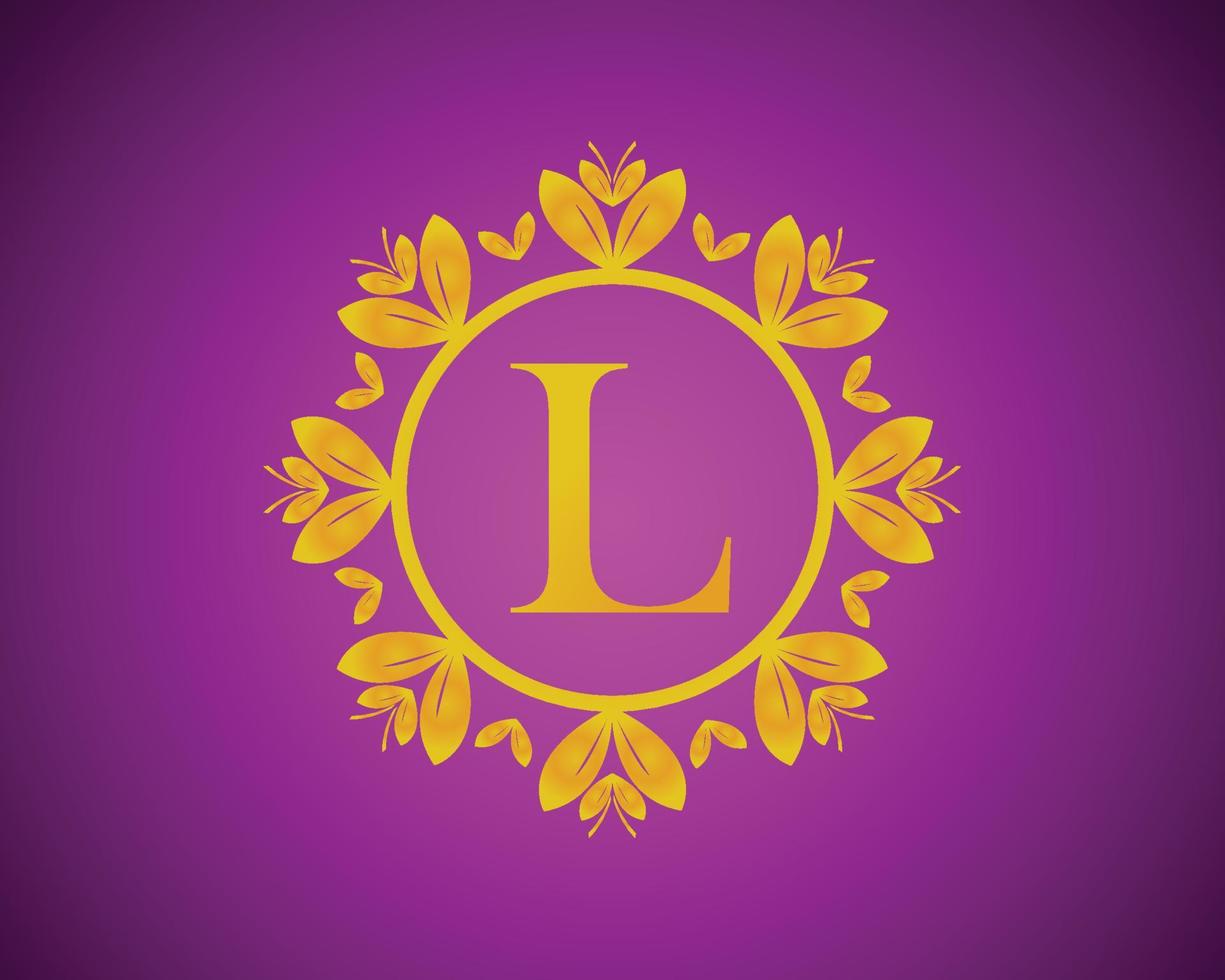 Alphabet L luxury logo design with gold color gradation and gold leaf circle suitable for bathing, hotel, beauty and grooming. against a violet VelVet background. vector