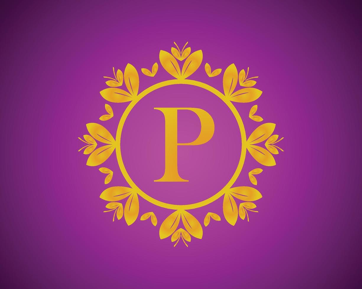 diseño de logotipo de lujo del alfabeto p con gradación de color dorado y círculo de hoja de oro adecuado para baño, hotel, belleza y aseo. sobre un fondo de terciopelo violeta. vector