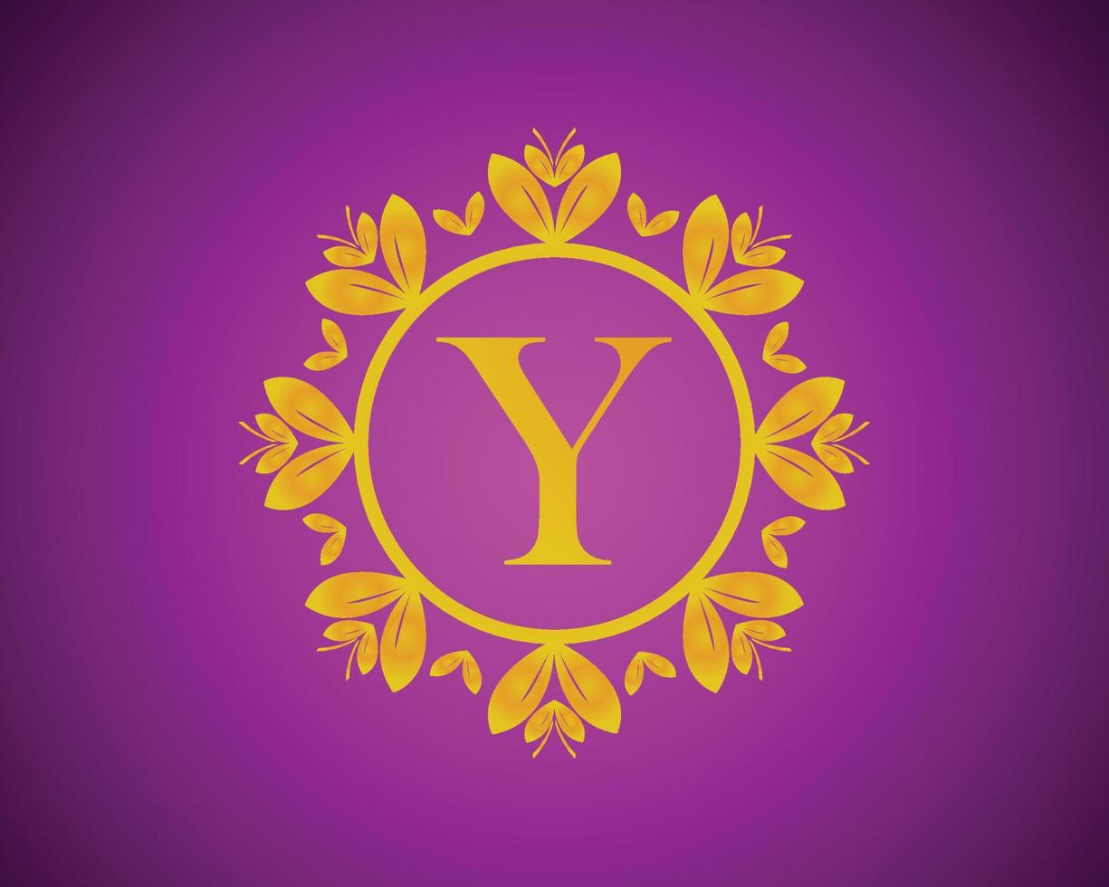 Alphabet Y luxury logo design with gold color gradation and gold leaf circle suitable for bathing, hotel, beauty and grooming. against a violet VelVet background. vector