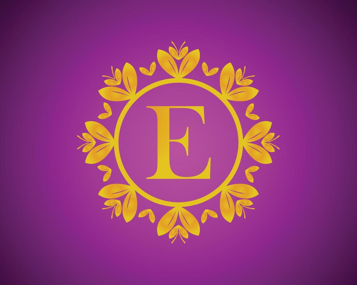 Alphabet E luxury logo design with gold color gradation and gold leaf circle suitable for bathing, hotel, beauty and grooming. against a violet VelVet background. vector