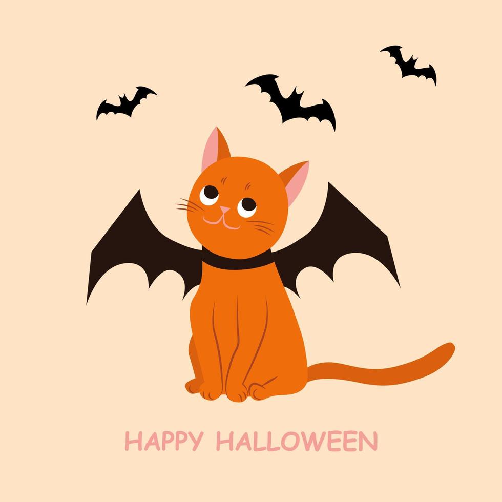 Halloween cat vector illustration, kitty portrait wears black bat wing with small bats on background for card design