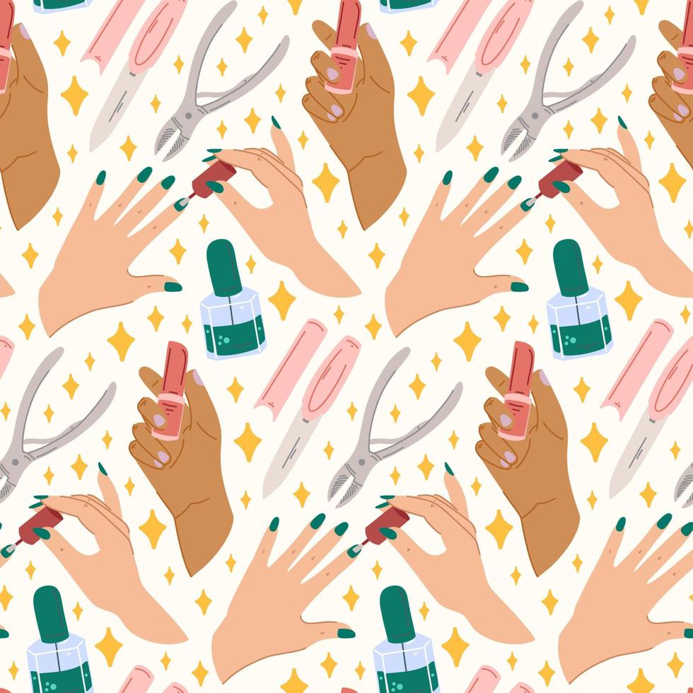 Color vector seamless pattern with the image of hands with a bright manicure. Background of nails paint and polish