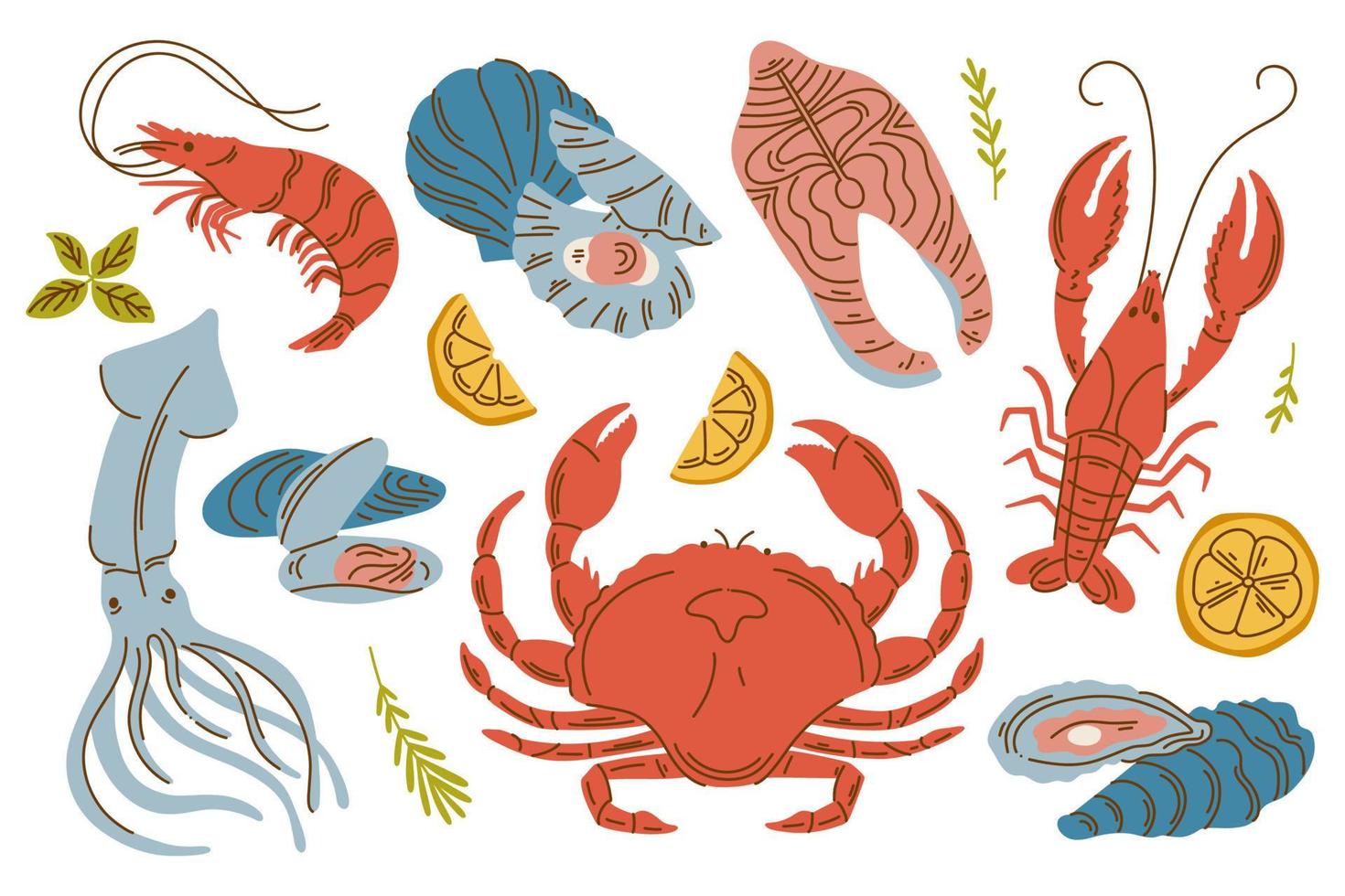 Vector hand drawn seafood set. Lobster, salmon, crab, shrimp, octopus, squid, clams. Delicious menu objects collection for restaurant, promotion market store flyer
