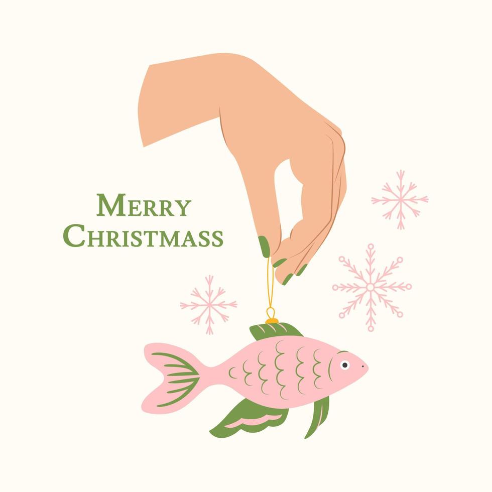 mano de mujer con juguete de año nuevo de pescado y manicura. ilustración de vector de juguete de navidad