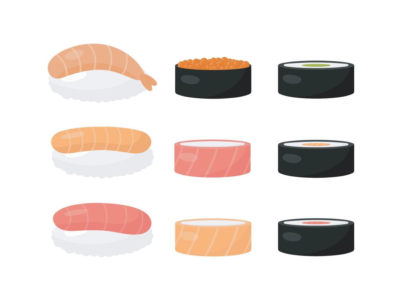 juego de sushi ilustración vectorial sobre un fondo blanco. para menú, afiches, pegatinas, pancartas, impresión en el paquete, impresión en ropa, tela, papel pintado. vector