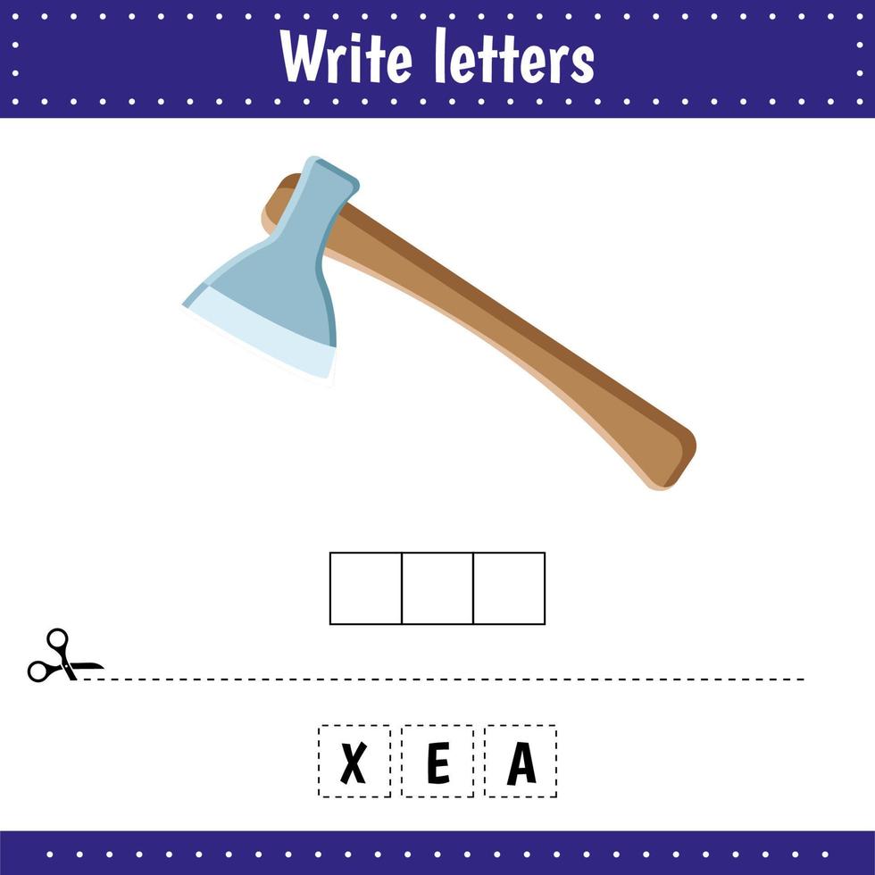 Educational game for kids. Crossword. Tool. Axe. Guess the word. Learning game for kids. Activity page. vector