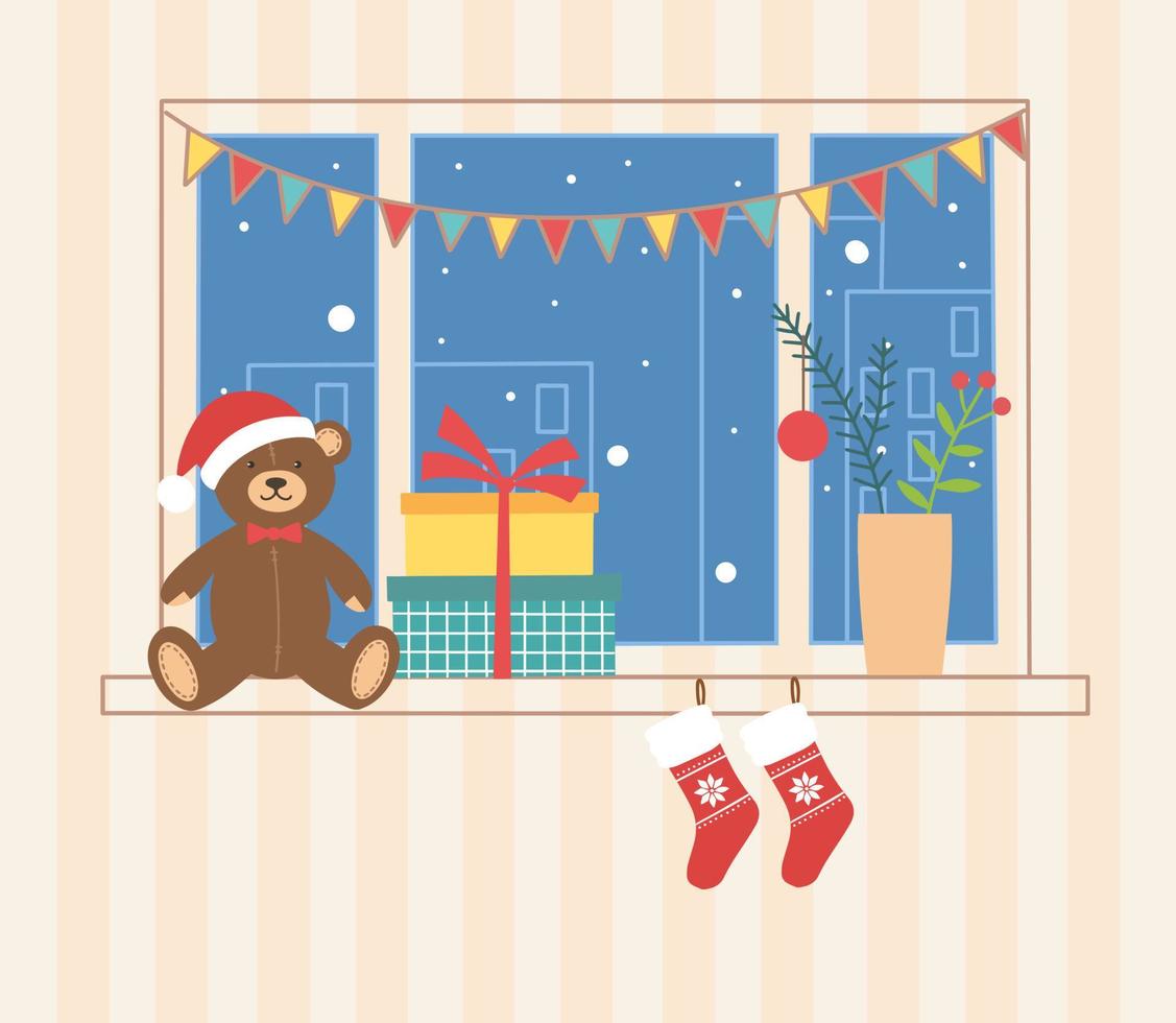 ventana de navidad con vista a la ciudad de invierno por la noche. pila de regalos en la ventana para el niño osito de peluche y cajas de regalo vector