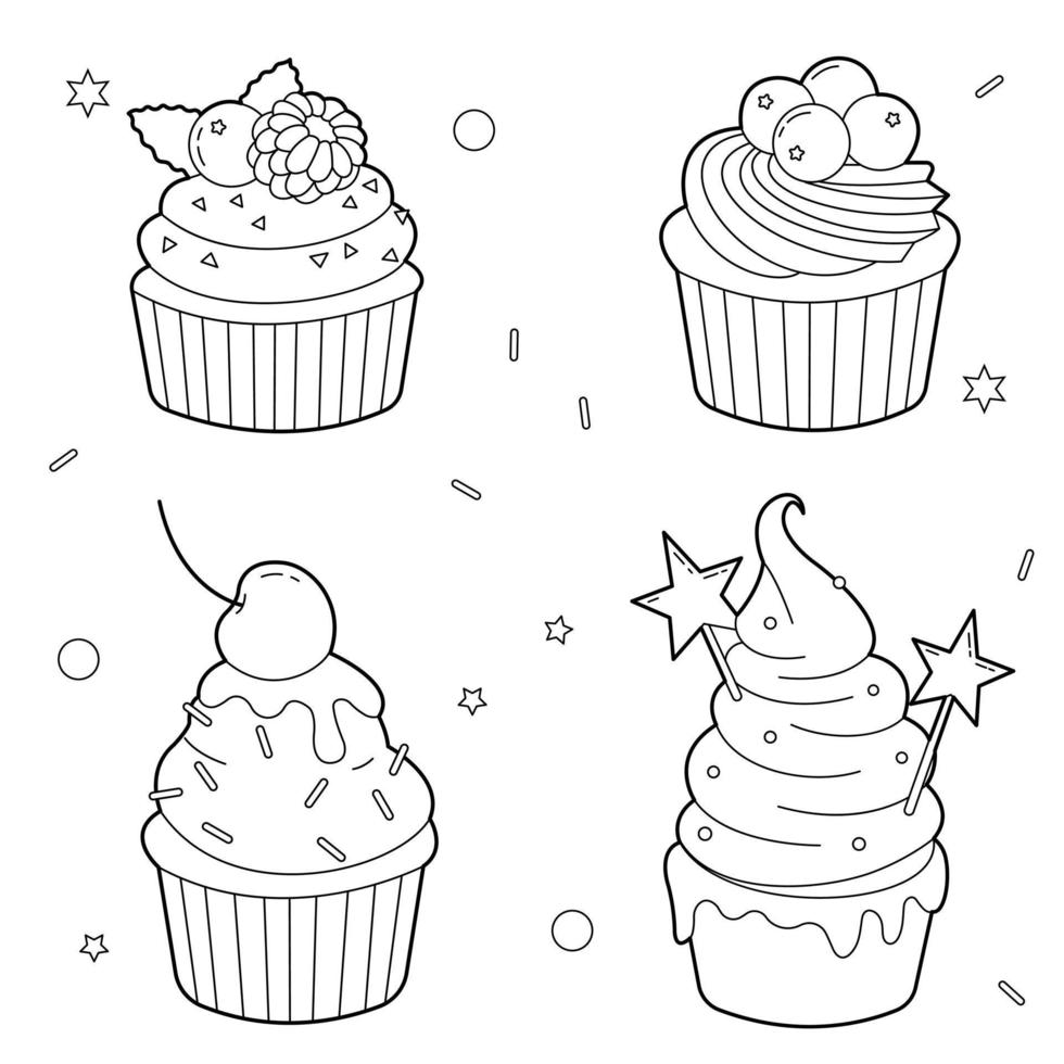 conjunto de cuatro cupcakes de contorno. ilustración en blanco y negro para niños libro para colorear, elementos de diseño vector