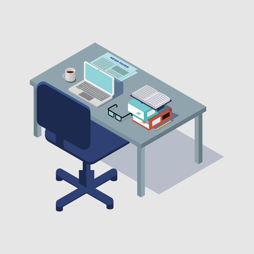 isometric 3d table or desk. Office accessories items. vector