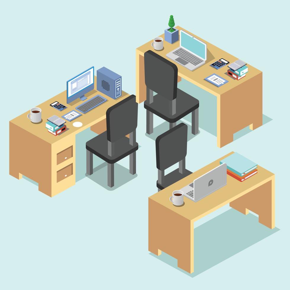 isometric 3d table or desk. Office accessories items. vector