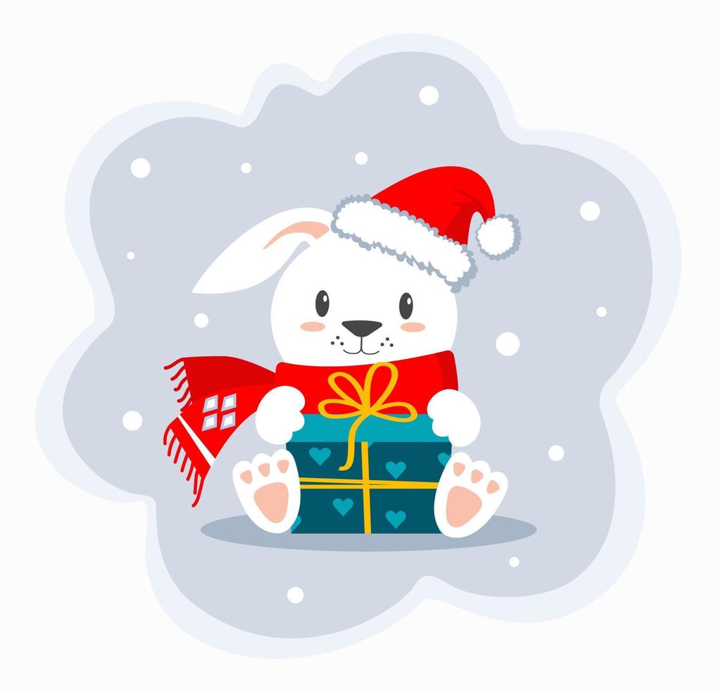 Vector cute rabbit in with a gift. Animal character idea for kids and toddlers for printing and T-shirts, hoodie, pajamas, greeting cards.