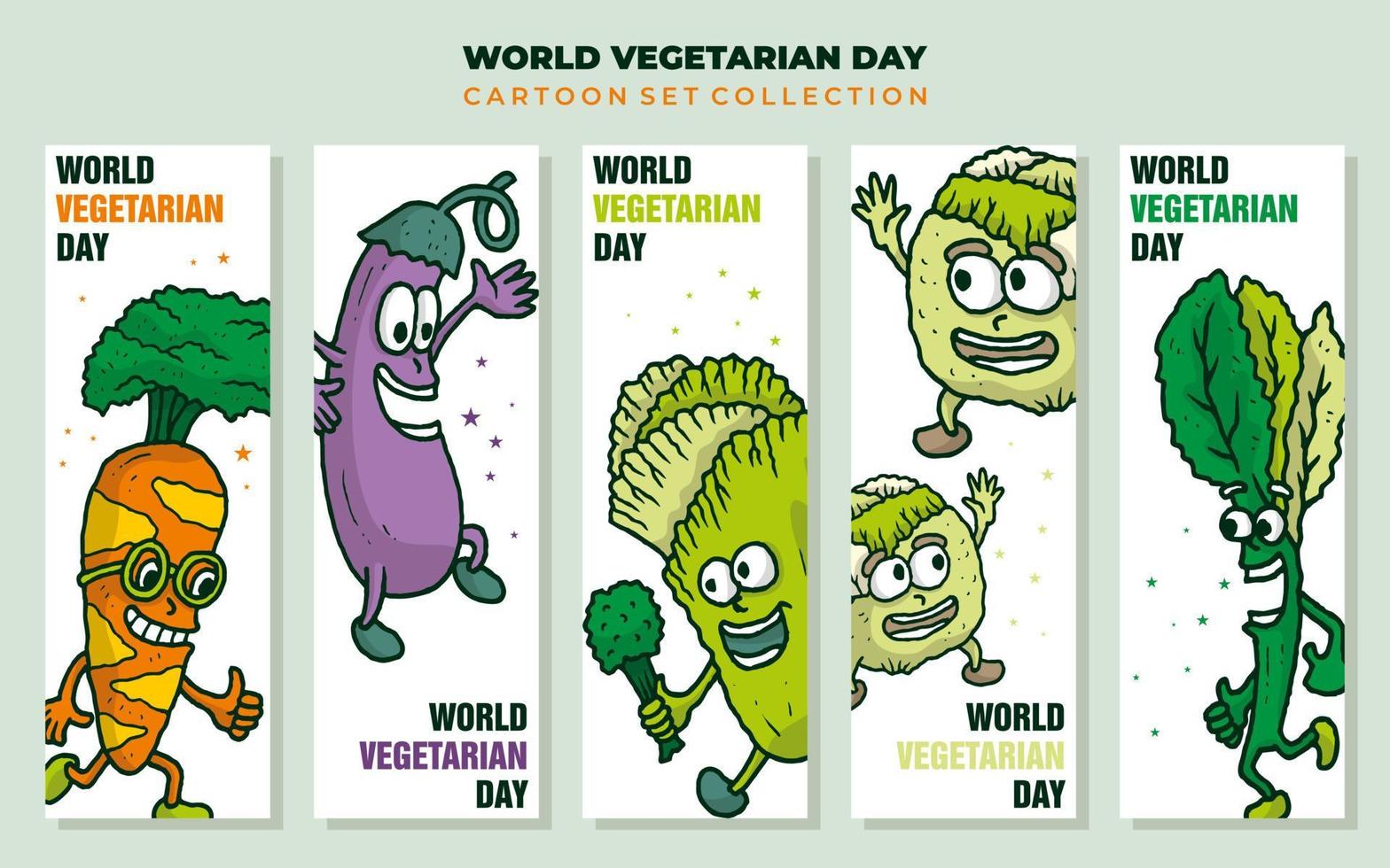 colección de banners del día mundial vegetariano con personaje de dibujos animados de verduras vector