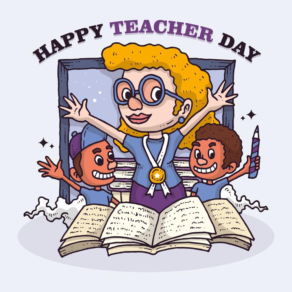 World teacher day with student and teacher hand drawn vector