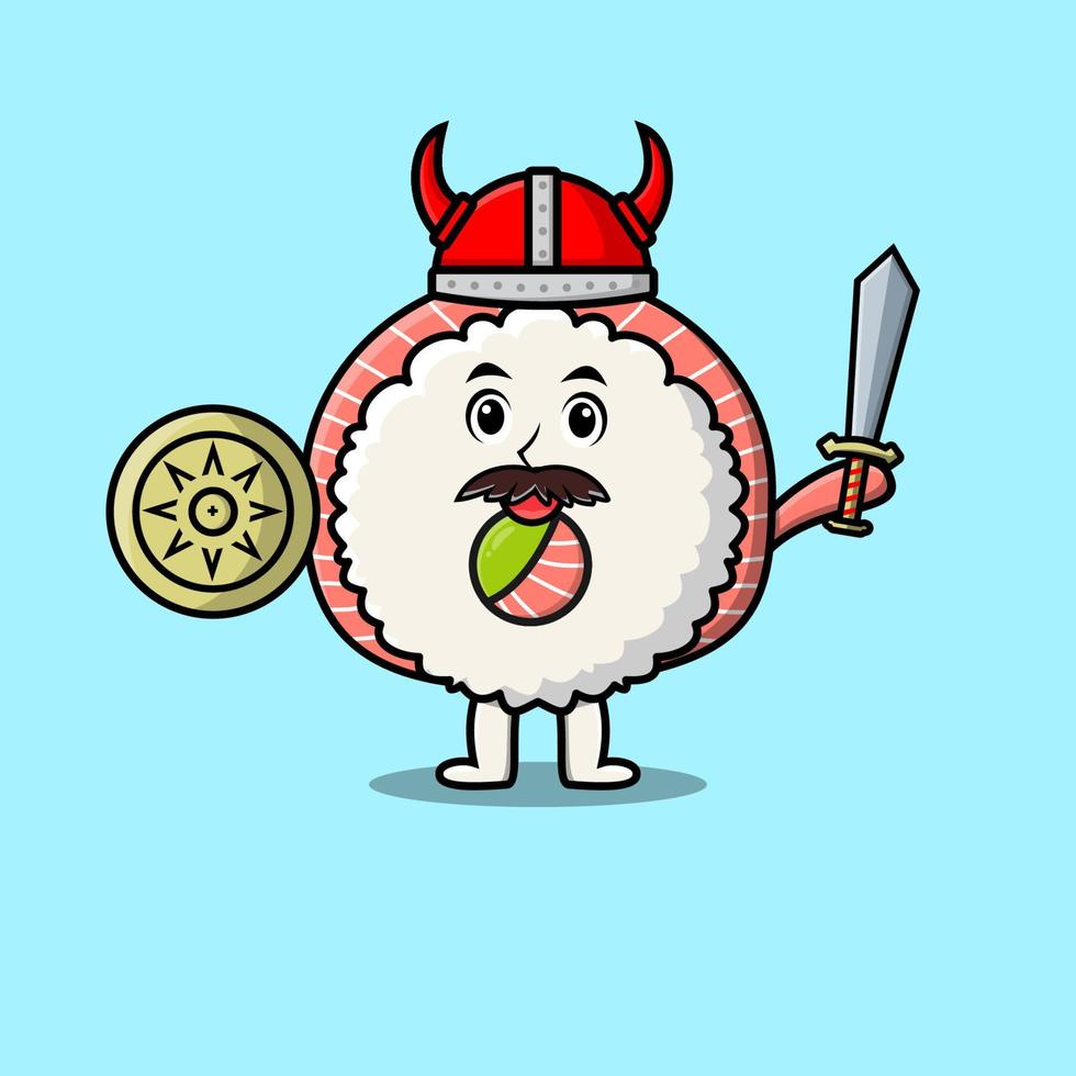 lindo personaje de dibujos animados rollos de sushi de arroz sashimi pirata vikingo con sombrero y espada y escudo vector