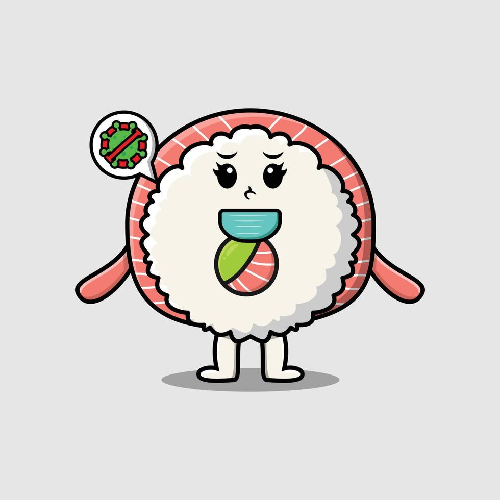 cartoon sushi rolls sashimi use mask prevent virus vector