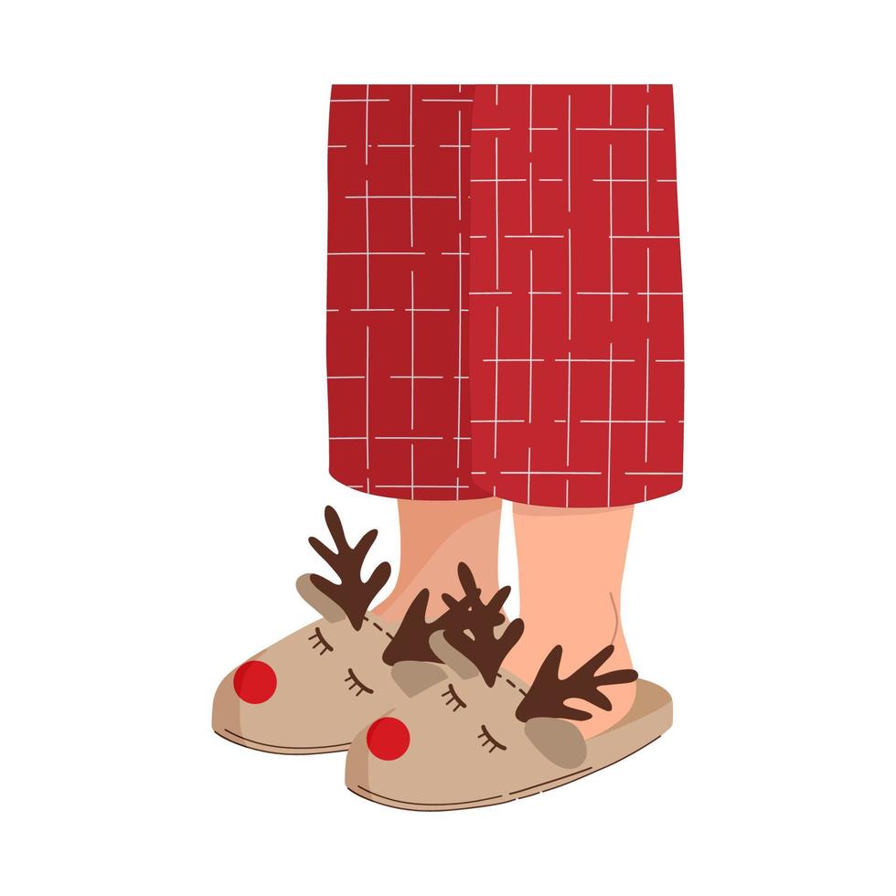 Legs in red pajamas with warm slippers. Christmas funny deer slippers. Christmas red checkered pajama pants. vector