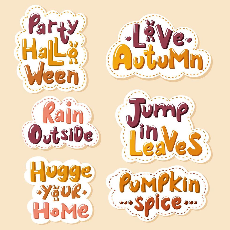 Set of colourful handdrawn lettering stickers about autumn. Love autumn, party Halloween, hugge your home, jump in leaves. vector