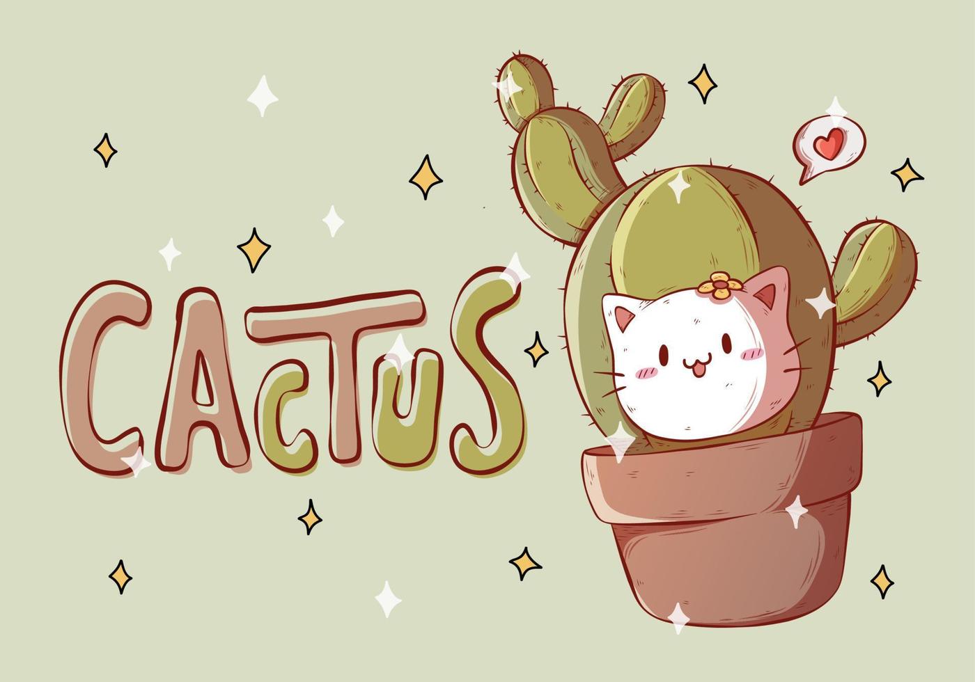 Lindo gato con ilustración de vector de planta de cactus