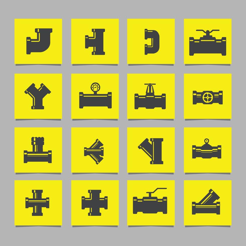 Steel pipe connectors and valves for piping and piping work, vector line icon set drawn on colored paper