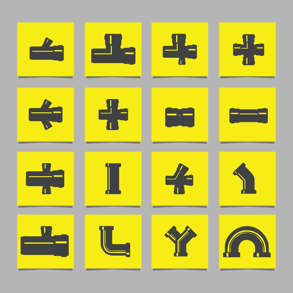 Steel pipe connectors and valves for piping and piping work, vector line icon set drawn on colored paper