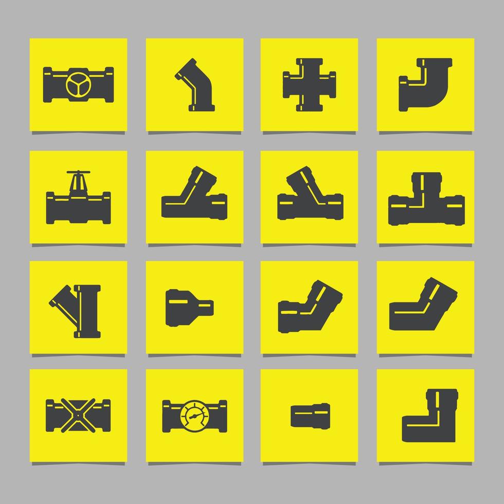 Steel pipe connectors and valves for piping and piping work, vector line icon set drawn on colored paper