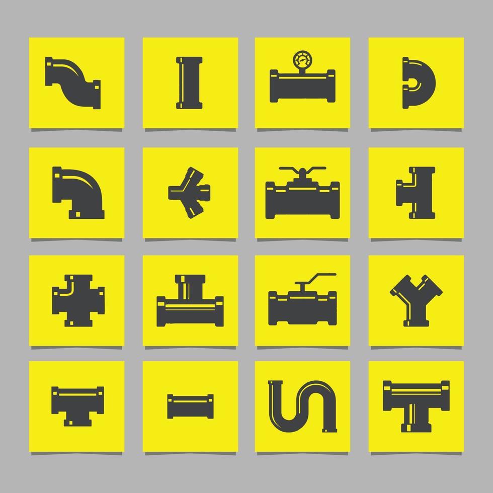 Steel pipe connectors and valves for piping and piping work, vector line icon set drawn on colored paper