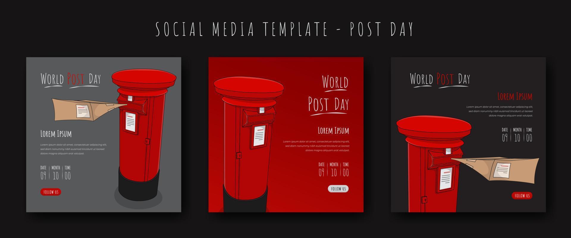 conjunto de plantillas de publicaciones en redes sociales con diseño de caja de correos cilíndricos en rojo y negro para el día mundial de publicaciones vector