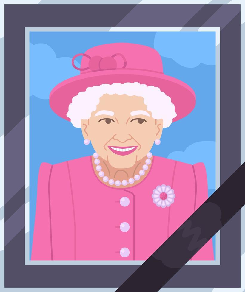 Queen Elizabeth II portrait in pink costume with hat photo frame with black ribbon. In memory of monarch concept. Britain s queen pass away tribute. vector