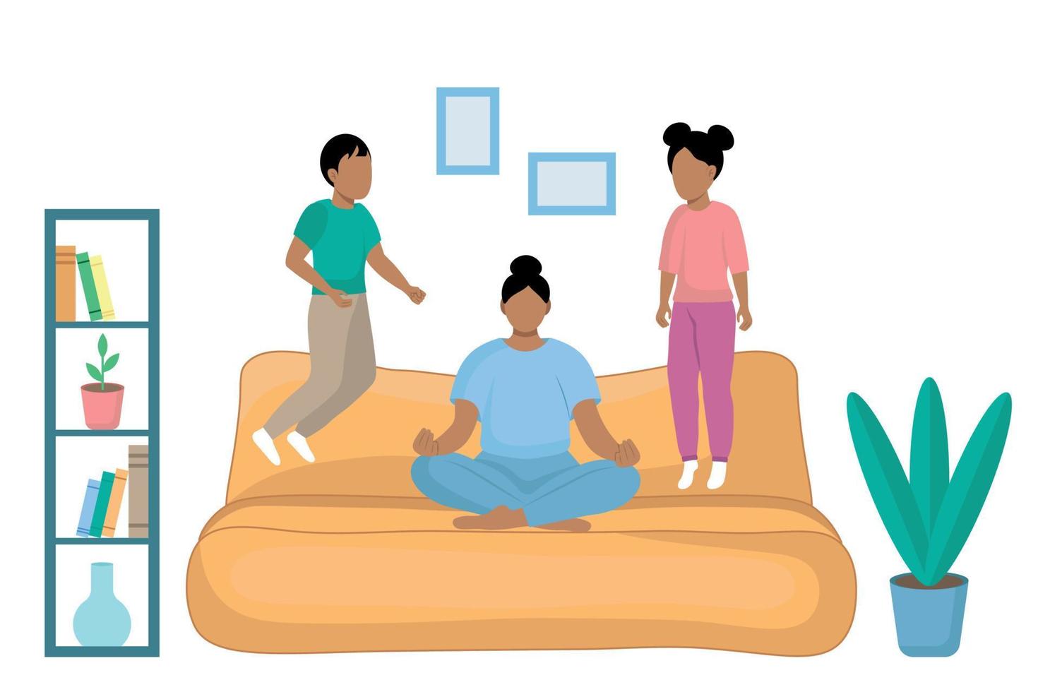 Indian family at home, mother sitting on sofa in lotus position, ignoring children jumping next to her, flat vector, faceless illustration vector