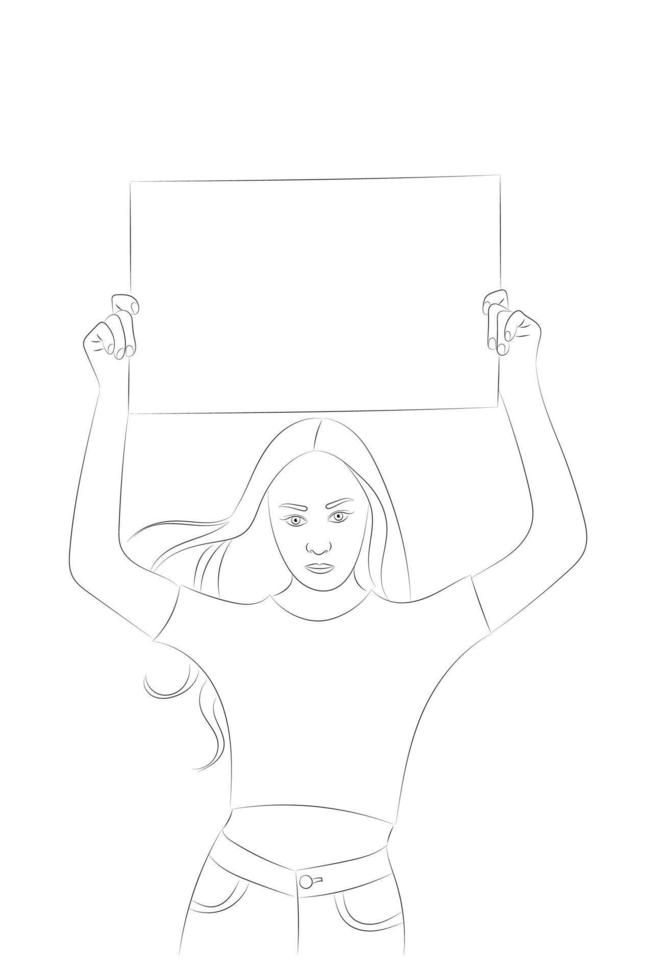 Sketch portrait of a girl with a poster, flat vector, isolate on white, girl holding a blank sheet above her head vector